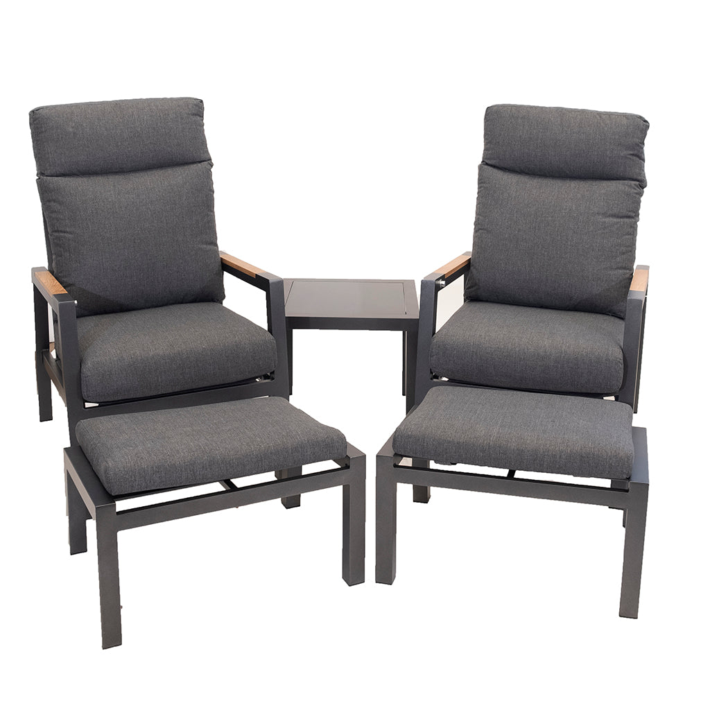 Unwind in style with this cozy and chic 5 piece furniture set. Bring a touch of luxury and functionality to your outdoor space.