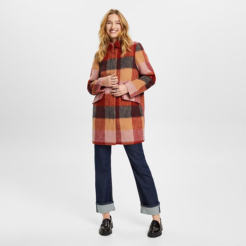 Check Wool Coat Rust Brown