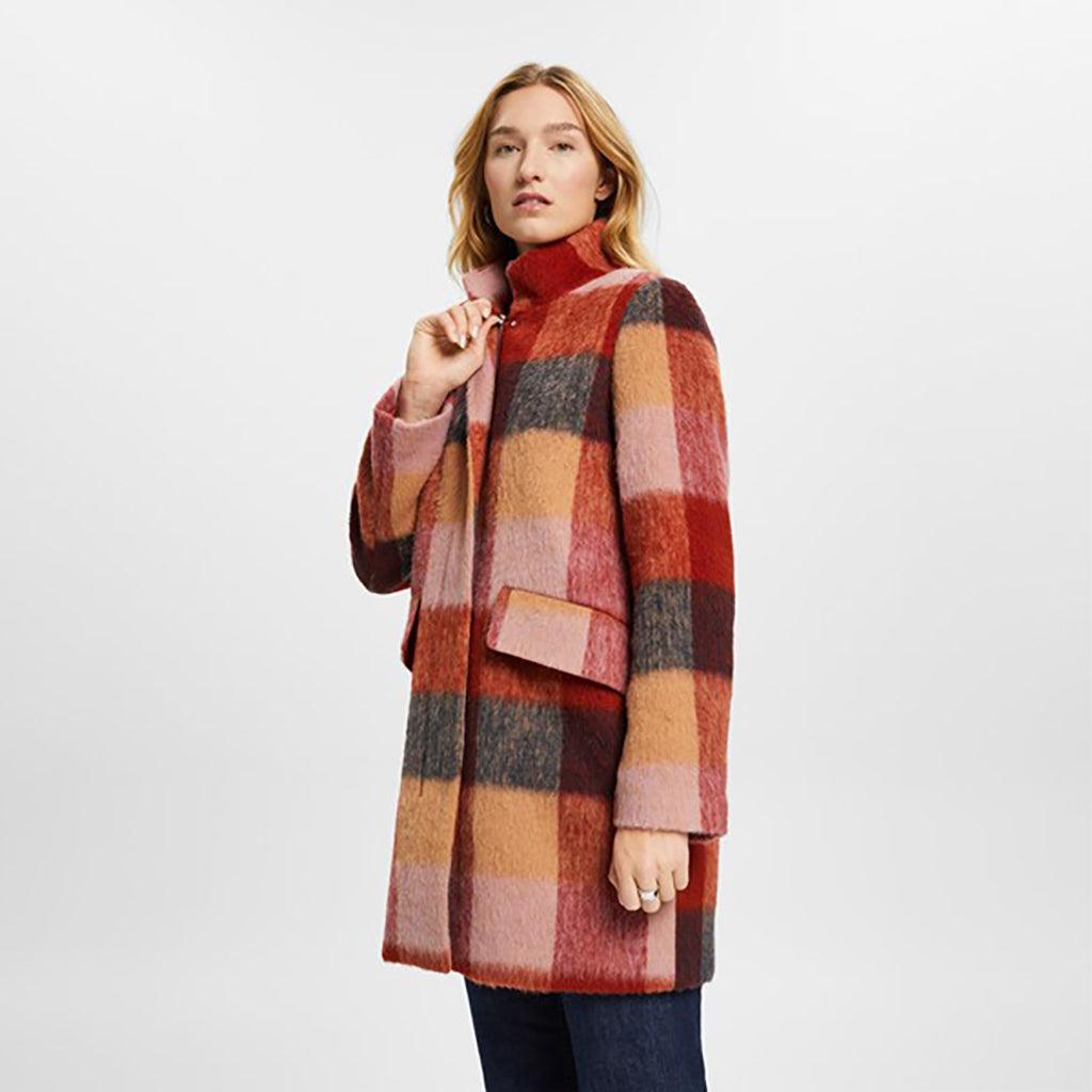 Check Wool Coat Rust Brown