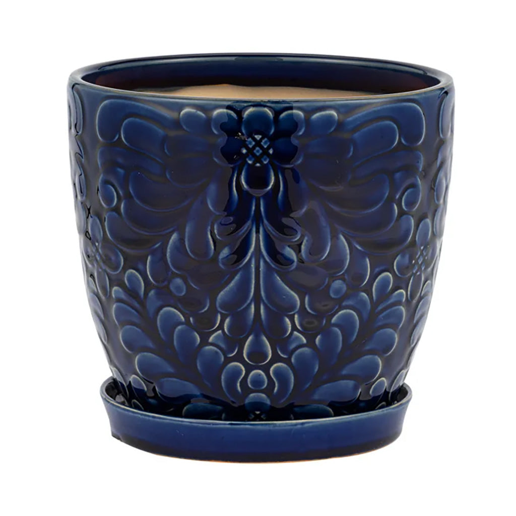 Add a pop of color to your home with this stunning cobalt pot. The deep blue tones and intricate design add a touch of style to your décor, making it a stunning addition to any room. Measures 7.25" L x 7.25" W x 6.5" H.&nbsp;