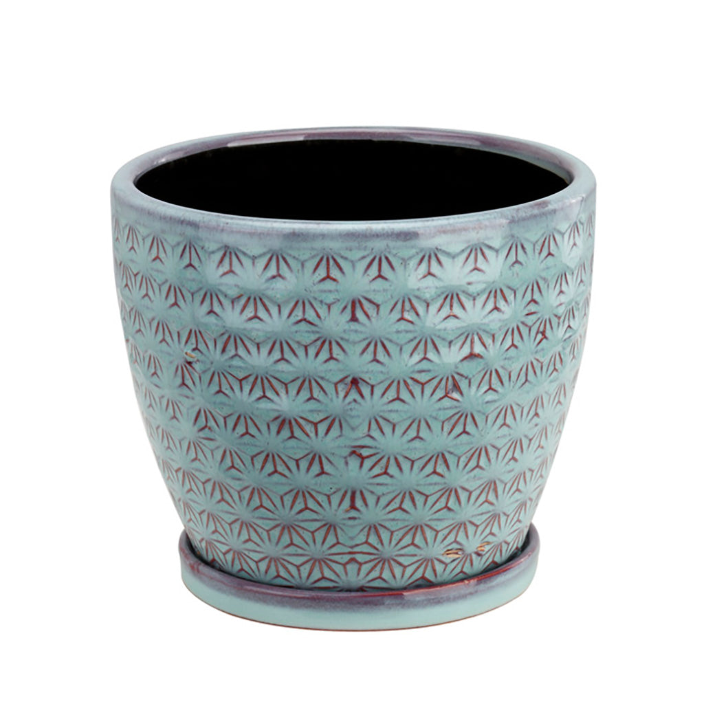 Add a touch of modern style to your home with the Blue Gray Prism Planter and Saucer set. With contrasting blues and reds, this planter will accent existing décor with ease. Measures 5L x 5W x 4.25"H