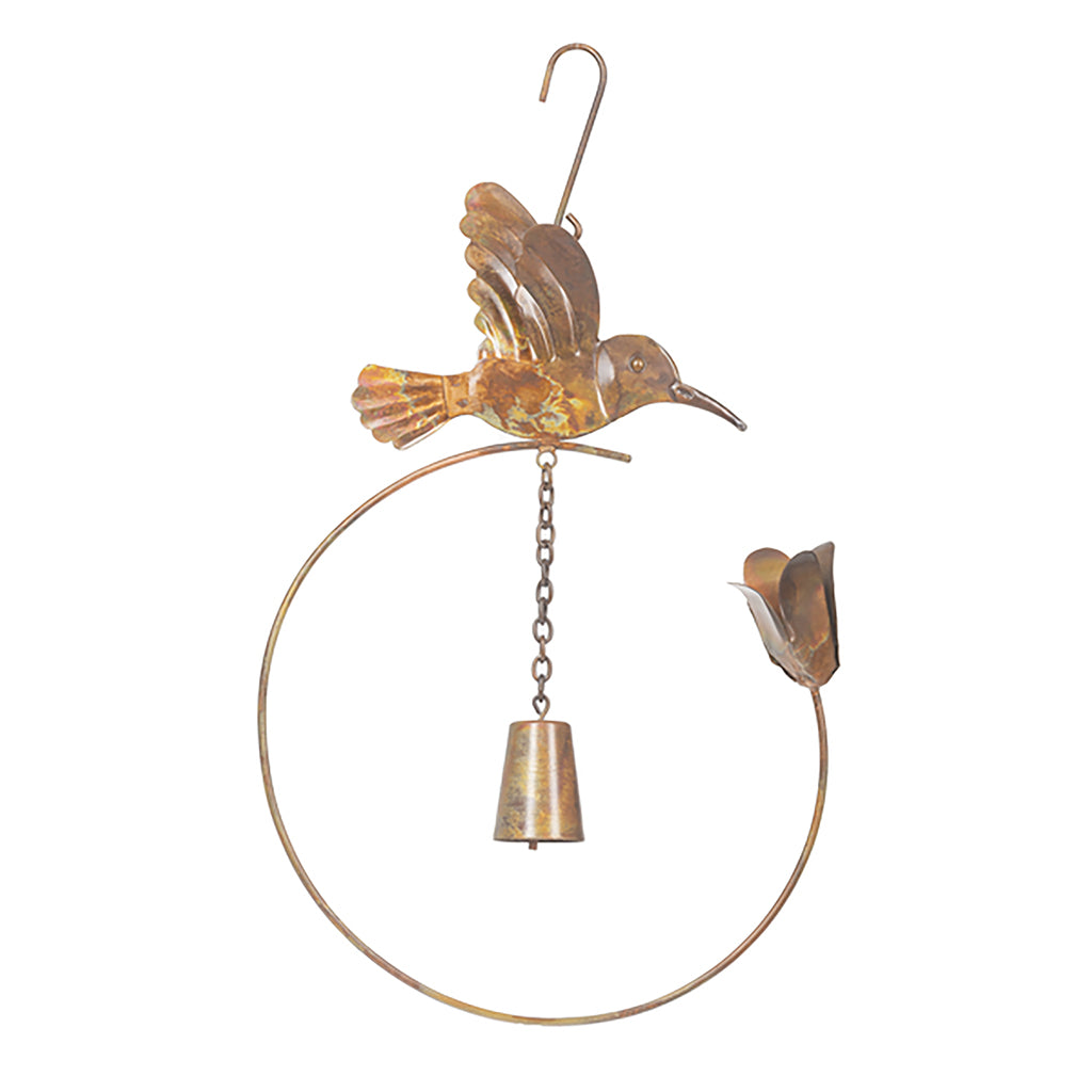 Bring the beauty and serenity of nature to your outdoor space with the Copper Hummingbird windchime. Crafted with intricate details and a delicate bell, it will instantly add a touch of charm and whimsy to your garden or patio measuring 17" in height.
