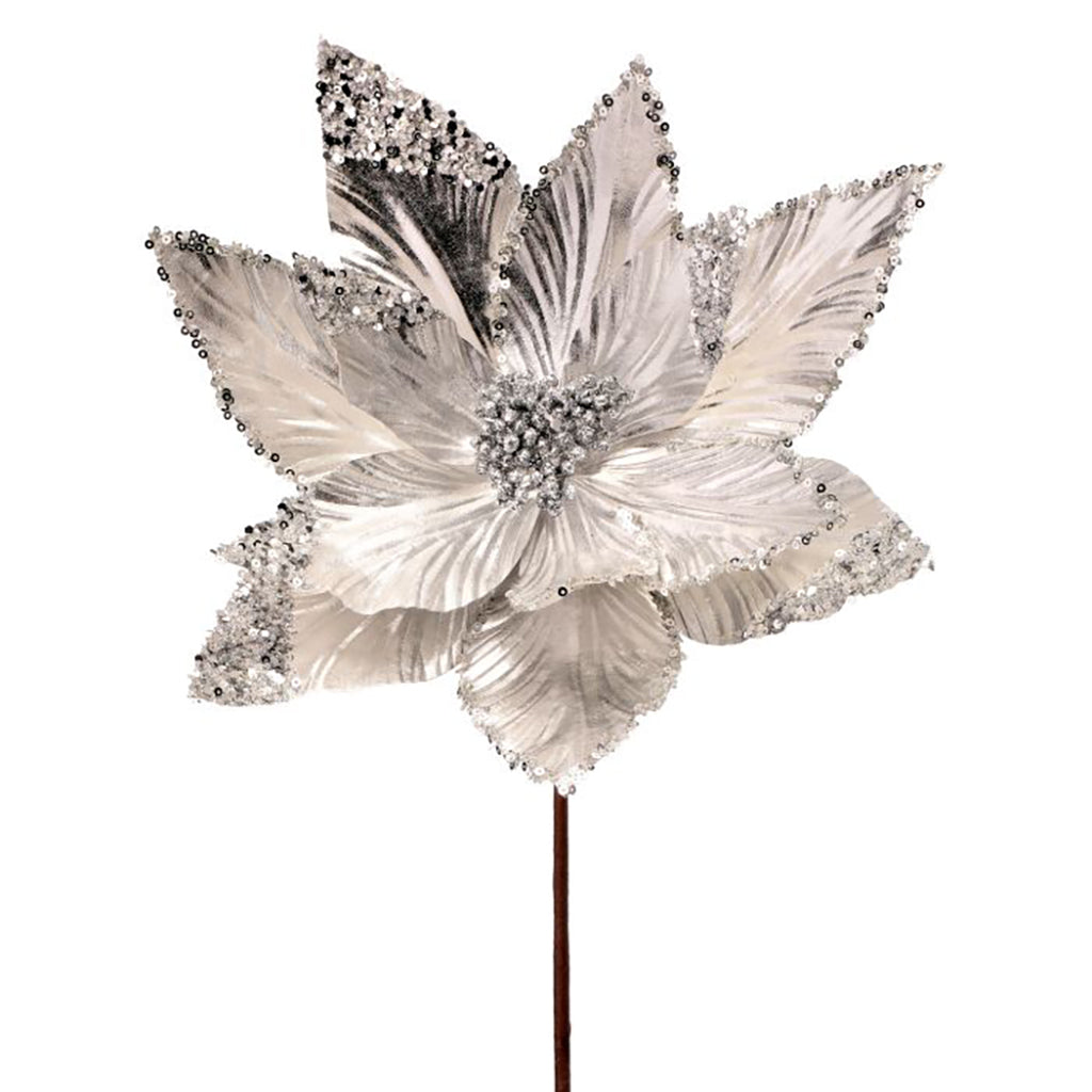 Metallic Sequin Poinsettia Stem Silver 24"