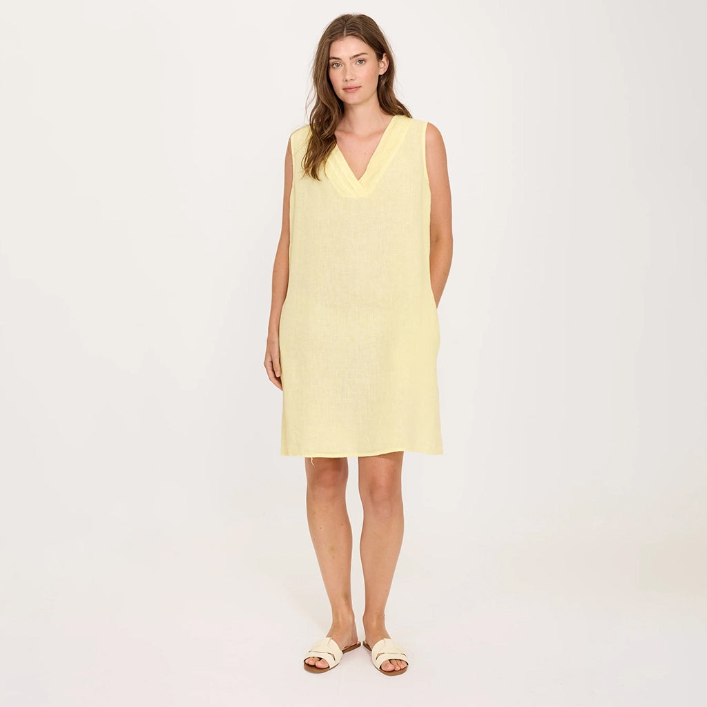 Pleated V-Neck Linen Dress Butter Yellow