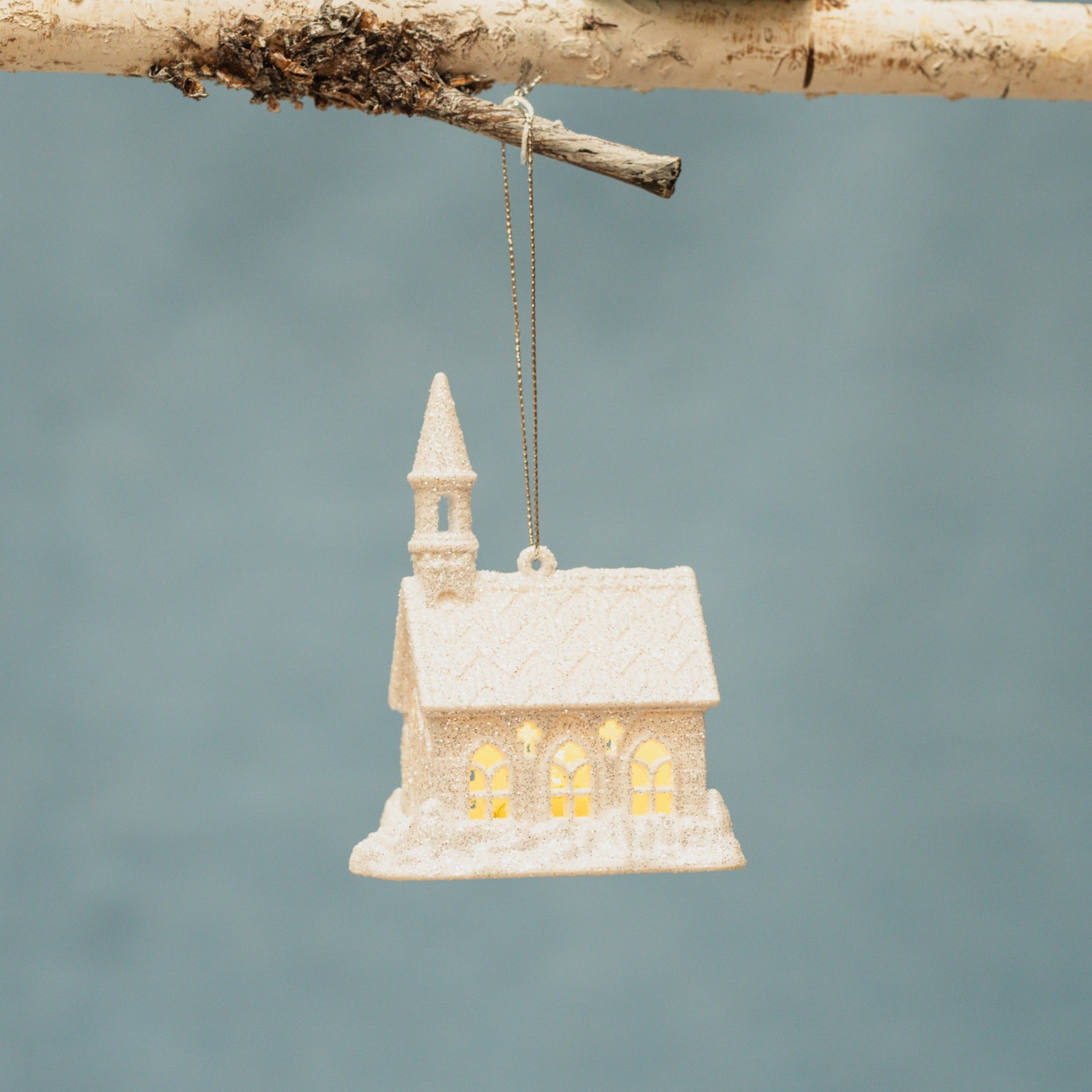 White Glitter Church LED Ornament 4"