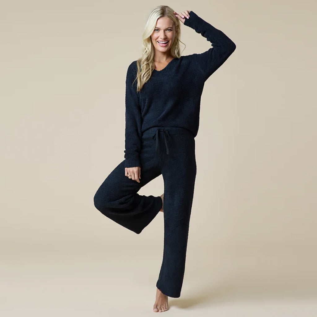 Solid Marshmallow V-Neck Loung Set Black
