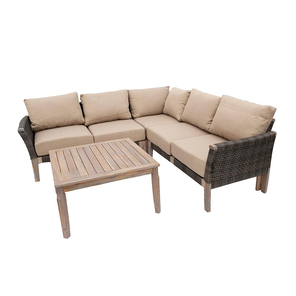 With beige, custom-made cushions this sofa set is adds beauty and contrast into any outdoor living area. With interwinding resin wicker and a sturdy frame, this set is made to last year after year.