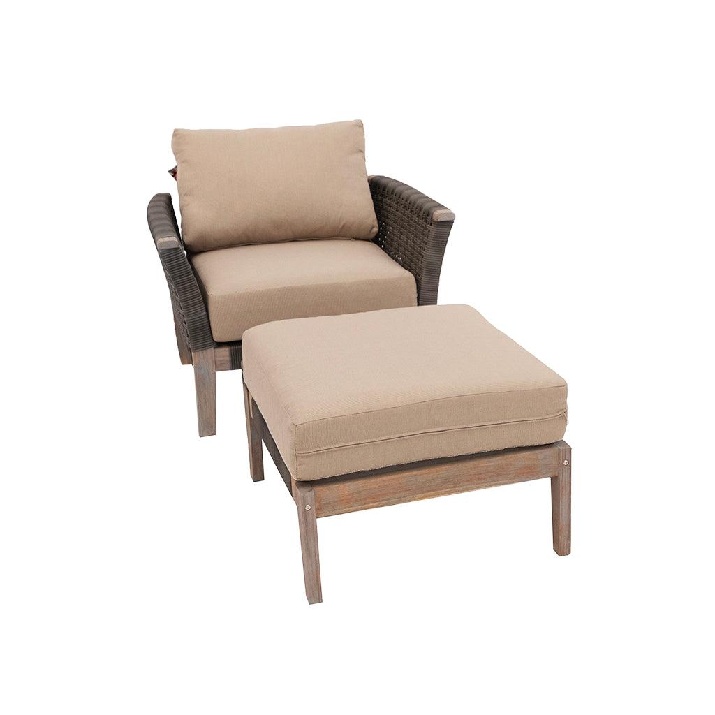 With beige, custom-made cushions this sofa set is adds beauty and contrast into any outdoor living area. With interwinding resin wicker and a sturdy frame, this set is made to last year after year.