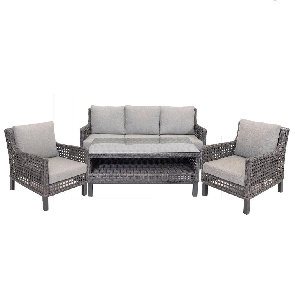 Constructed with aluminum frames, resin wicker in Anthracite, and custom-made cushions in Light Grey, the New Haven Sofa Set four Piece is ideal for any outdoor space. Adding light grey tones into any outdoor living space, this set is made to last year after year. Each piece measures 72.6in x 32.3in x 34in (sofa), 26.6in x 32.3in x 34in (chairs), and 52in x 28.3in x 34in (table).
