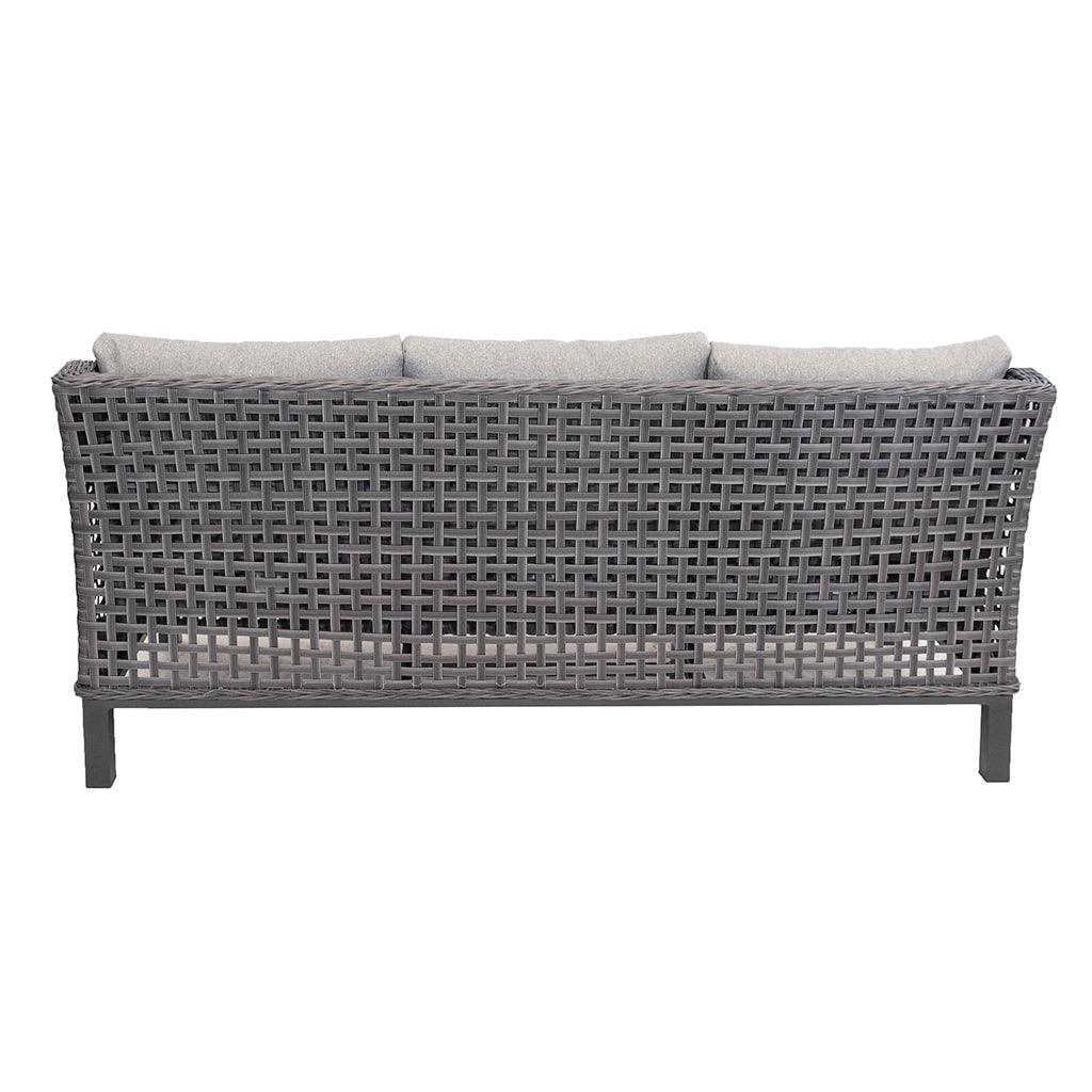 Constructed with aluminum frames, resin wicker in Anthracite, and custom-made cushions in Light Grey, the New Haven Sofa Set four Piece is ideal for any outdoor space. Adding light grey tones into any outdoor living space, this set is made to last year after year. Each piece measures 72.6in x 32.3in x 34in (sofa), 26.6in x 32.3in x 34in (chairs), and 52in x 28.3in x 34in (table).