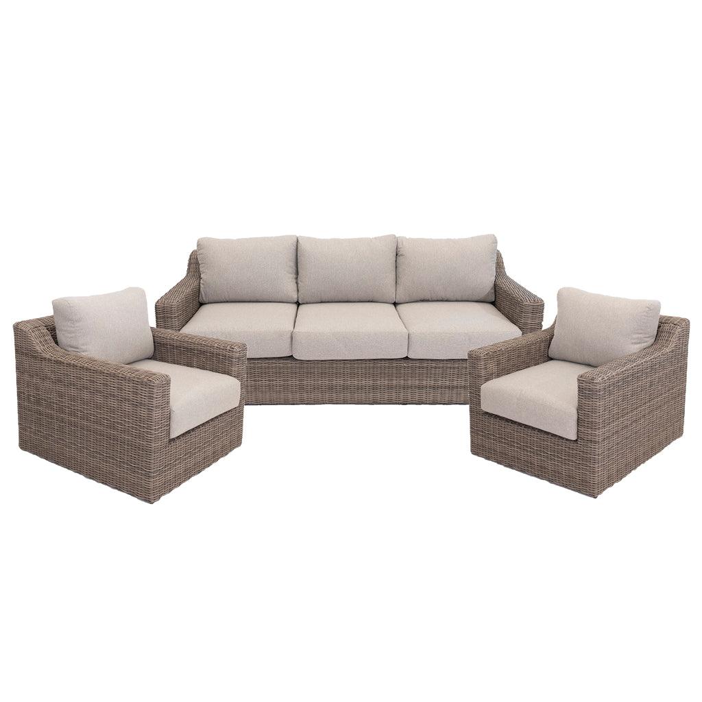 With an alumni frame and driftwood resin wicker finish this three-piece set adds timeless elegance and sophistication into any outdoor living space. Custom-made, woven linen pillows accent the driftwood colour with providing comfortable deep seating for all your summer entertainment. Requires little to no maintenance and can be left outside over winter months.