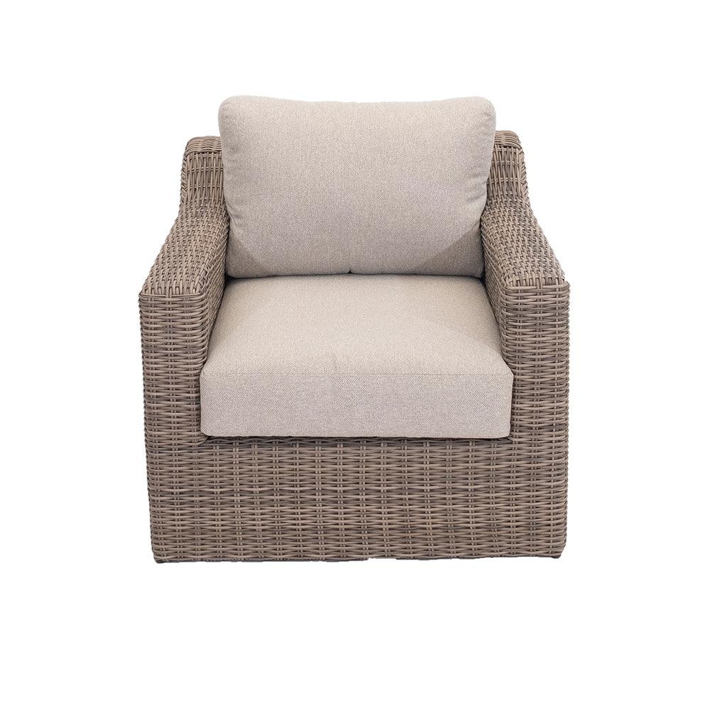 With an alumni frame and driftwood resin wicker finish this three-piece set adds timeless elegance and sophistication into any outdoor living space. Custom-made, woven linen pillows accent the driftwood colour with providing comfortable deep seating for all your summer entertainment. Requires little to no maintenance and can be left outside over winter months.