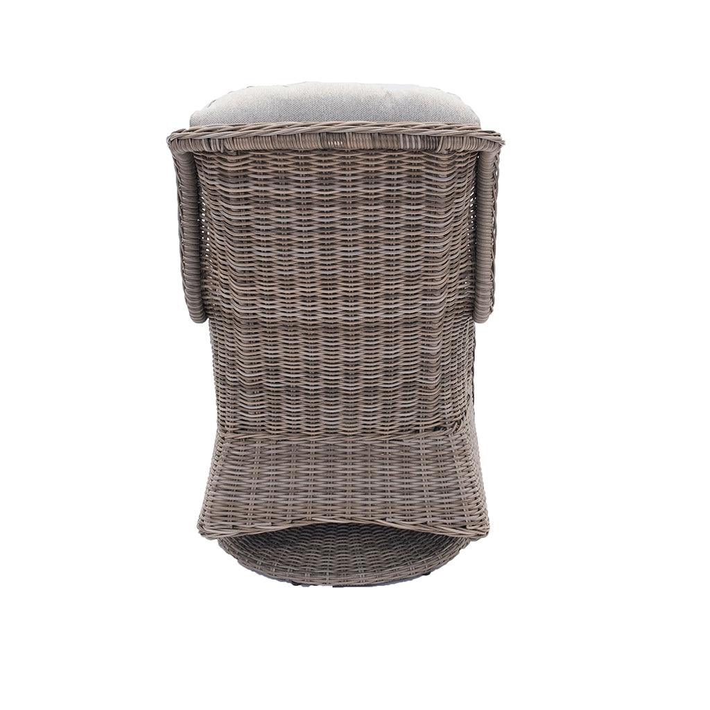 With a rust-free aluminum frame and fade-resistant olefin fabric, this three-piece set is built to last and features comfortable swivel chairs for maximum relaxation. With intertwined resin wicker this set lasts year after year. The chairs measure 34.6in x 26.3in x 40.5i and the table measures 20.4in x 22in.