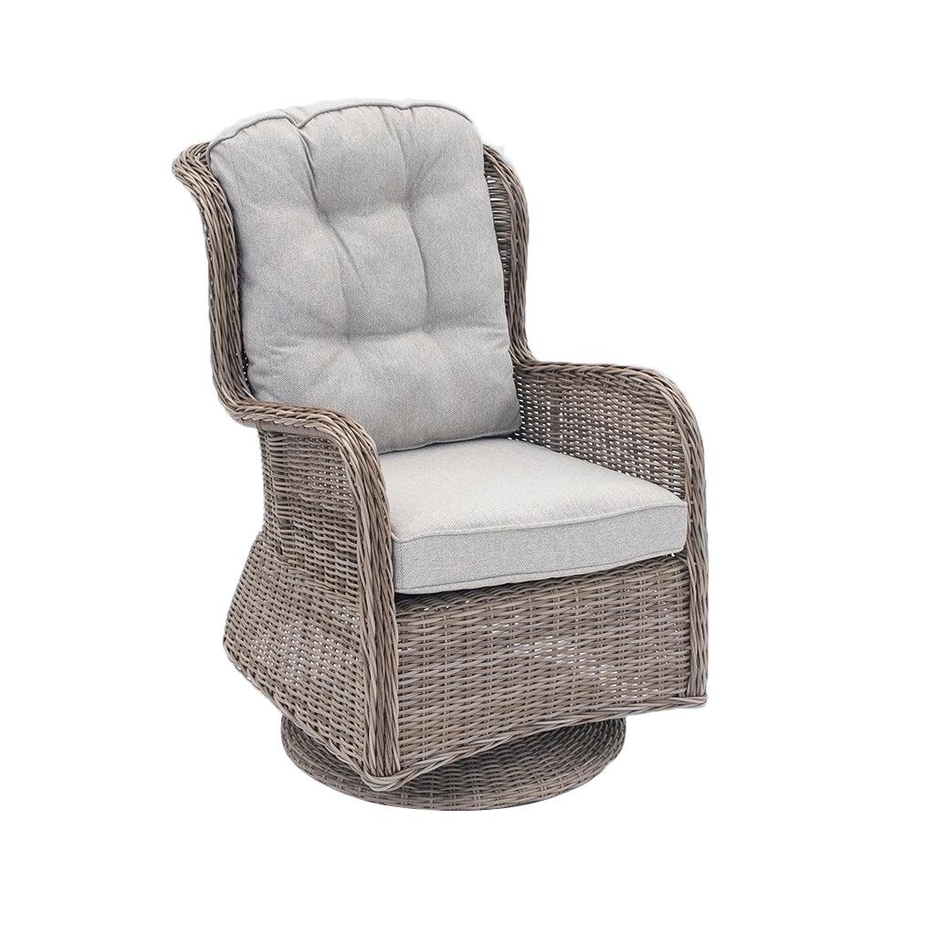 With a rust-free aluminum frame and fade-resistant olefin fabric, this three-piece set is built to last and features comfortable swivel chairs for maximum relaxation. With intertwined resin wicker this set lasts year after year. The chairs measure 34.6in x 26.3in x 40.5i and the table measures 20.4in x 22in.