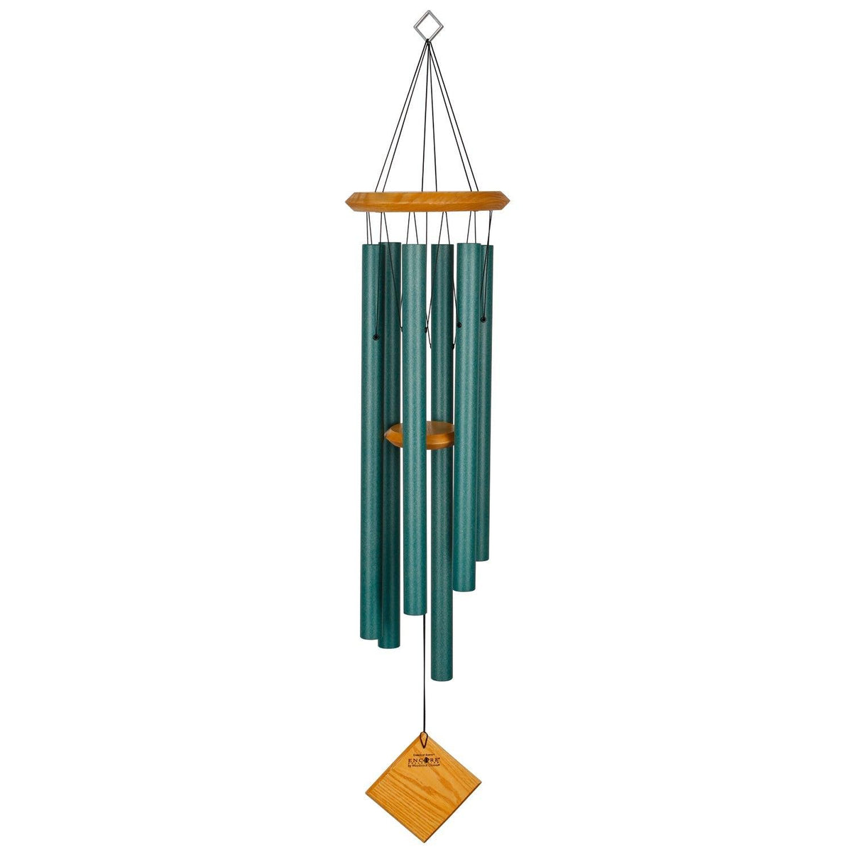 Beautifully crafted with cherry finish wood and six verdigris aluminum tubes, this windchime measures 37 inches long and 7 inches in diameter. It&#39;s a charming addition to any outdoor space, providing soothing sounds and a touch of elegance.