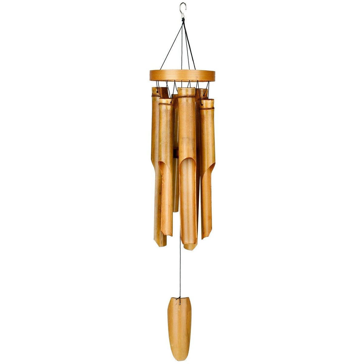Bring a touch of tranquility to your outdoor space with this natural bamboo chime. Its gentle melodies will create a serene atmosphere while the bamboo top and six bamboo tubes add an earthy, natural element to your garden. Measuring at 37 inches long, it&#39;s a perfect addition to any outdoor oasis.