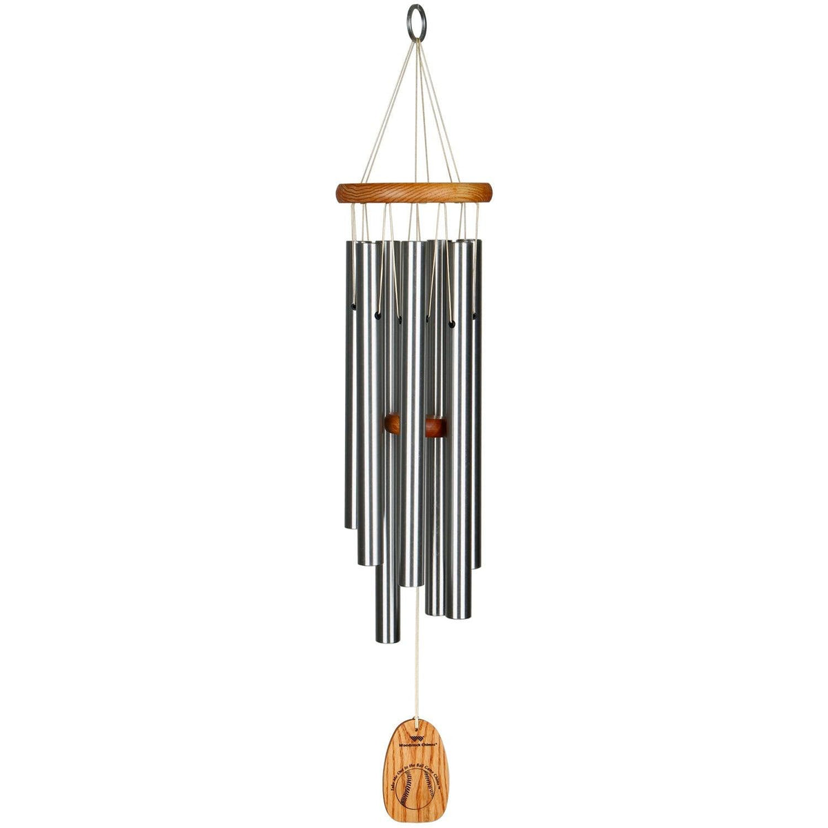 Effortlessly bring the nostalgia and excitement of America&#39;s favorite pastime into your home with Windchime Take Me Out To The Ball Game. The cherry finish ash wood and seven silver aluminum tubes provide a stunning visual and auditory experience, measuring at 27 inches long and 5 inches in diameter.