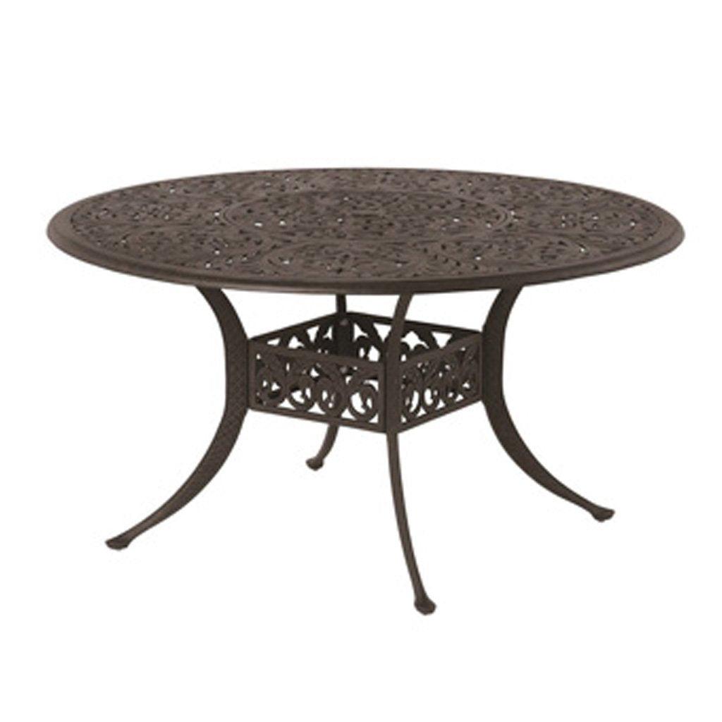 With a functional built in Lazy Susan, this stunning bronze table is a beautiful addition to any outdoor living space. Measuring 54inch in diameter, gather everyone around to enjoy your outdoor living space. Wrought iron materials allows this table to last year after year.