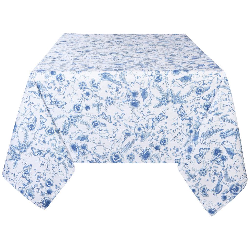Elevate your dining experience with this timeless floral tablecloth, made from 100% cotton and featuring a classic interweaving design in contrasting whites and blues. 