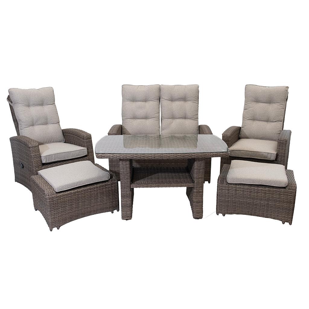 Unwind in style with this versatile dining set that includes all you need for a cozy night in. With two reclining chairs and footstools, along with a loveseat and table, you&#39;ll have plenty of space to relax with friends and family. Plus, the included cushions ensure you can comfortably lounge for hours on end.