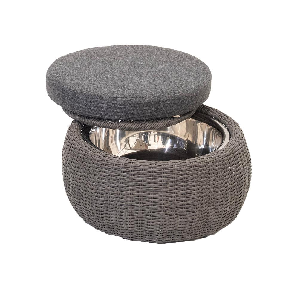 Crafted with resin wicker to last year over year with an aluminum frame and a woven dark grey cushion, the Moroccan Stool/Table is designed to deliver durability in style. Measuring 26.7inX12.2in, this stool features a functional ice bucket to complement your outdoor living.