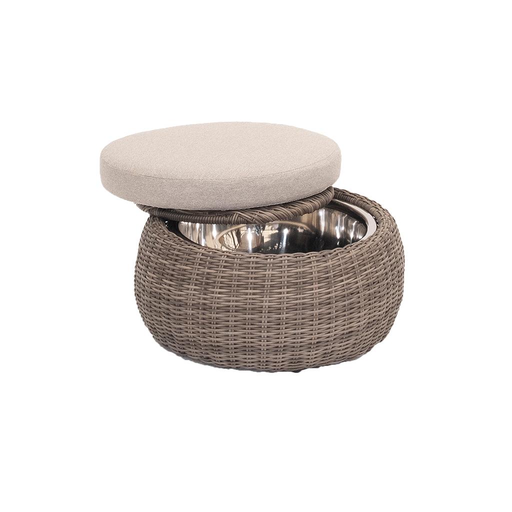 Crafted with resin wicker to last year over year with an aluminum frame and a woven linen cushion, the Moroccan Stool/Table is designed to deliver durability in style. Measuring 26.7inX12.2in, this stool features a functional ice bucket to complement your outdoor living.