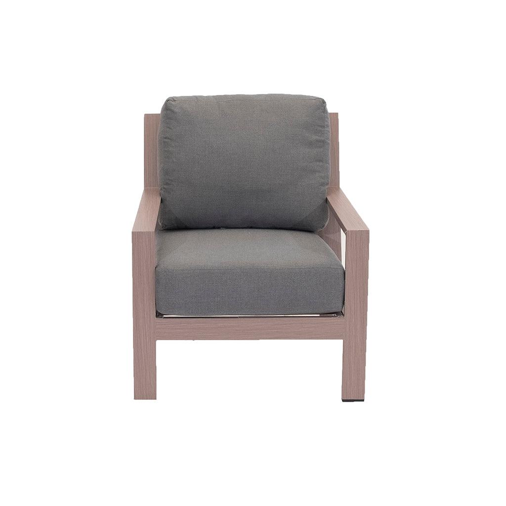 Designed with comfort in mind, this aluminum framed chair offers incredibly durability to last year over year. Custom-made cushions with light grey woven colours add further accents. Easy to clean and care for, it measures 35.1in H x 30.9in x 37in D.