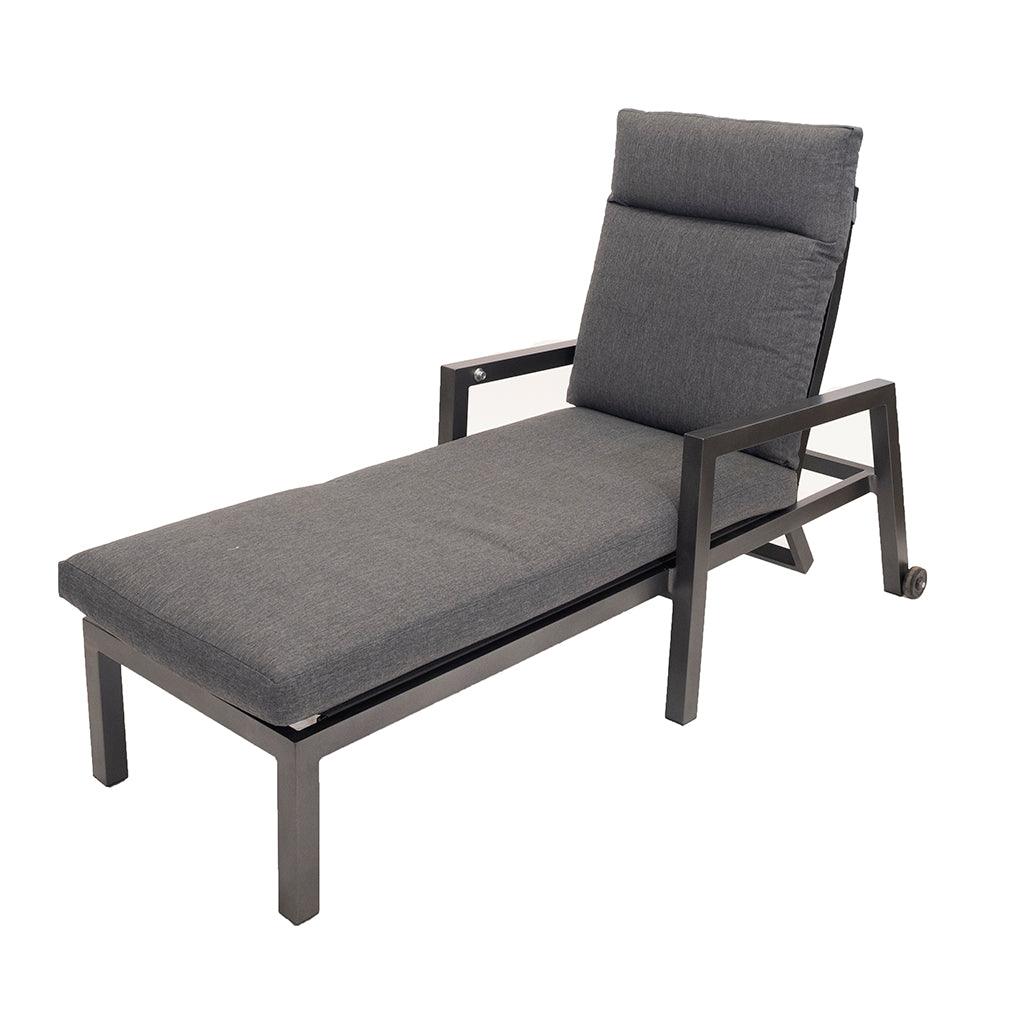 Relax in style with the Como Sunlounger. Crafted with an aluminum frame in Grey and contrasting Dark Grey crafted0 cushions, it provides a touch of elegance to any outdoor area. With a convenient push button gas shock and wheels for easy movement, you can lounge anywhere in comfort. Measures 70.8in x 27.2in x 33.8-35in.