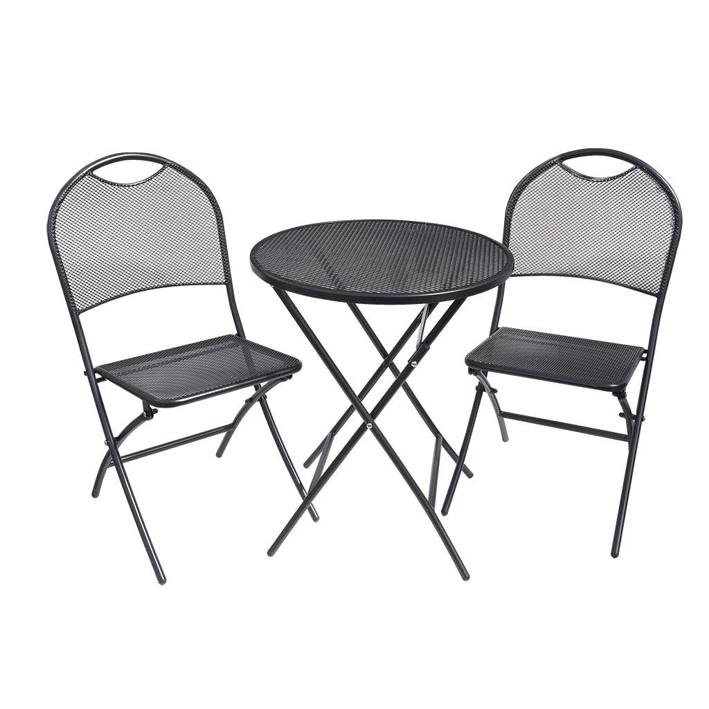 Enjoy casual outdoor dining with the 3-piece Cafe Napoli Bistro Set. The wrought iron set includes a table and two chairs, offering you a cozy spot to share a meal with friends and family. The 24in L x 24in W x 28in H table is the perfect size for intimate outdoor gatherings, while the 21.5in D x 17.5in W x 35in H chairs provide all-day comfort.