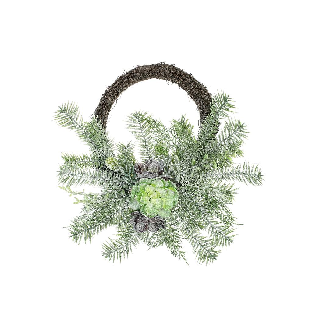 Embrace the wintry charm of the Iced Pine &amp; Succulent Wreath, measuring 17 inches in width and 17 inches in length. This exquisite wreath beautifully combines the elegance of iced pine with the timeless allure of succulents. The frosty pine branches glisten with an icy touch, evoking the serenity of a winter landscape, while the succulents add a unique and inviting contrast. 