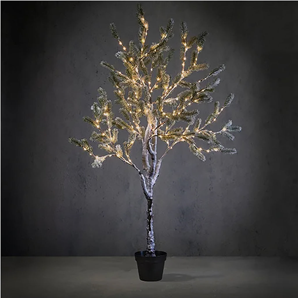 Transform your home into a winter wonderland with this enchanting Frosted Tree with Brown Pot. Standing at 4 feet tall, this artificial tree is adorned with 210 LED classic white lights, creating a magical and serene ambiance. The included timer feature allows you to effortlessly control the lighting schedule, adding convenience to your holiday décor. 