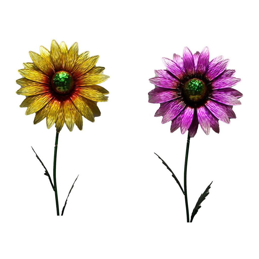 Bring a pop of color to your garden with this 35-inch metal flower stake in shades of purple and yellow. This decorative piece not only adds visual appeal, but also acts as a durable weather-resistant accent for your outdoor space. Perfect for avid gardeners or those looking to add a touch of whimsy to their home, this stake will elevate any outdoor area with its vibrant design and long-lasting construction.