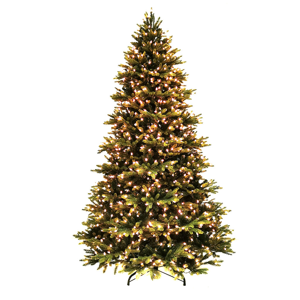 Introducing the Layered Fraser Fir Tree, a magnificent 7.5-foot-tall holiday tree with a lush 56-inch width. This tree is adorned with 4,021 tips, offering ample room to display your cherished ornaments and decorations. It comes pre-lit with 1,150 dual-color LED lights, giving you the flexibility to choose from a variety of lighting options.