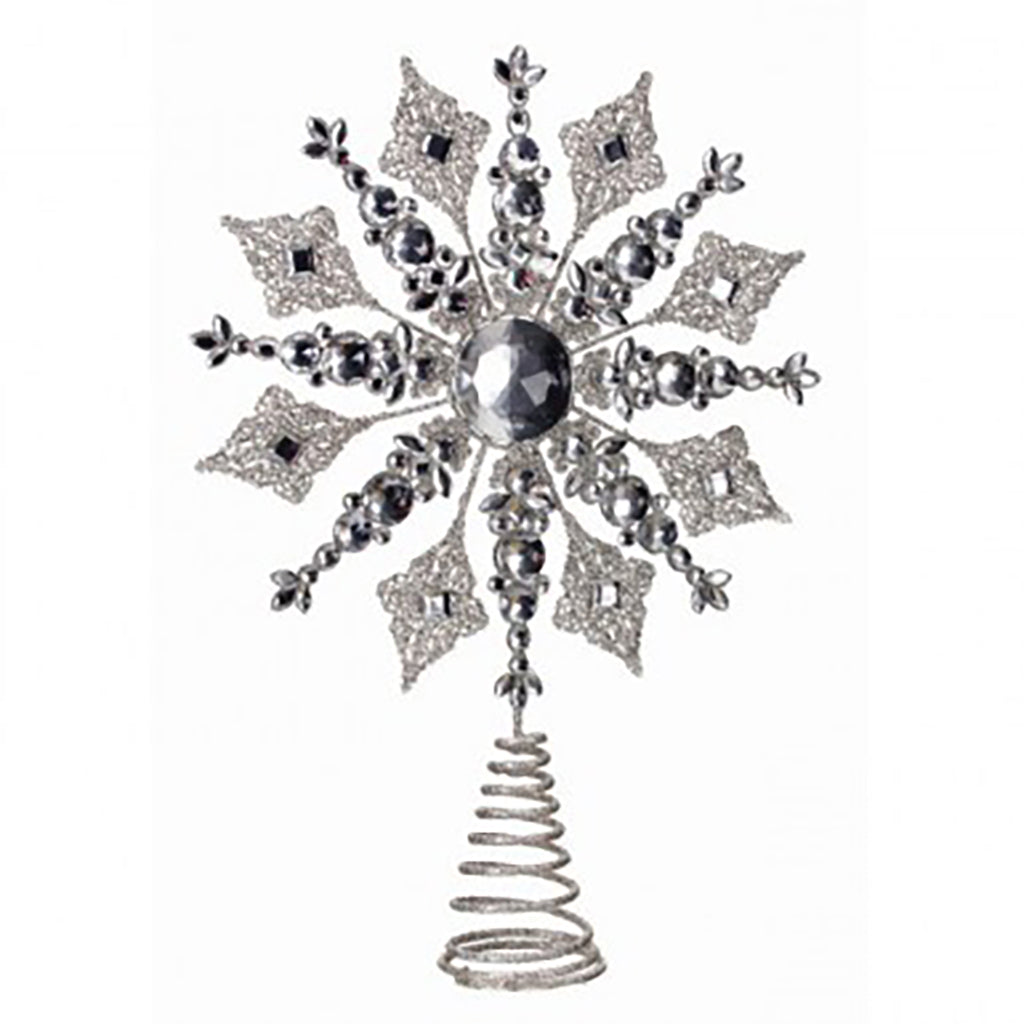 Elevate your holiday tree with the enchanting Glitter Snowflake Tree Topper, a dazzling adornment standing at 14.5 inches. This exquisite tree topper captures the magic of winter with its intricate snowflake design adorned in sparkling glitter.