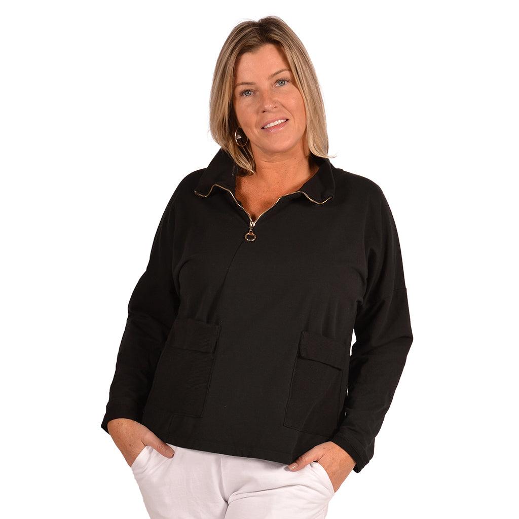 Half Zip Top With Pockets Black