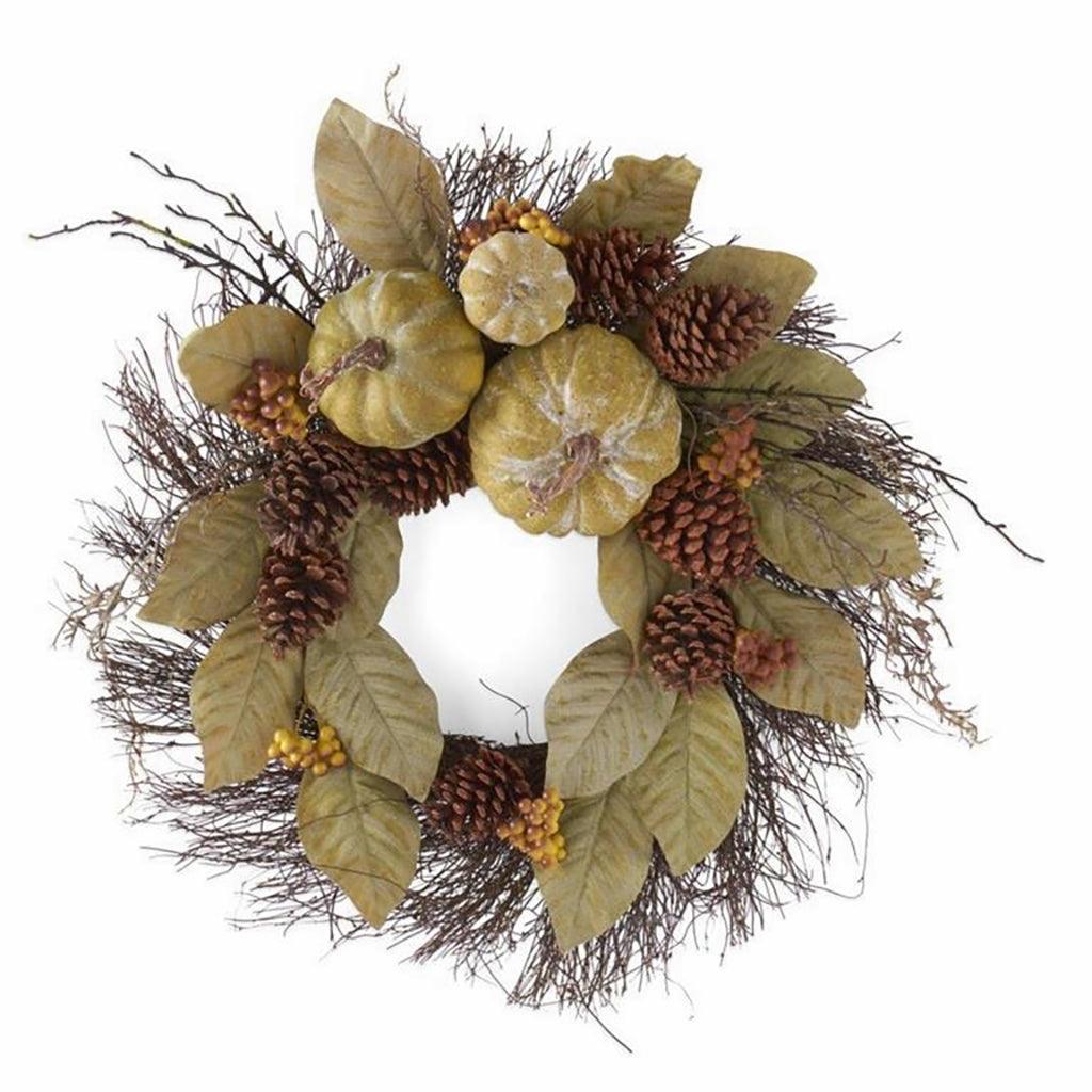 Sage Magnolia Leaf Wreath With Pumpkins 24&quot;