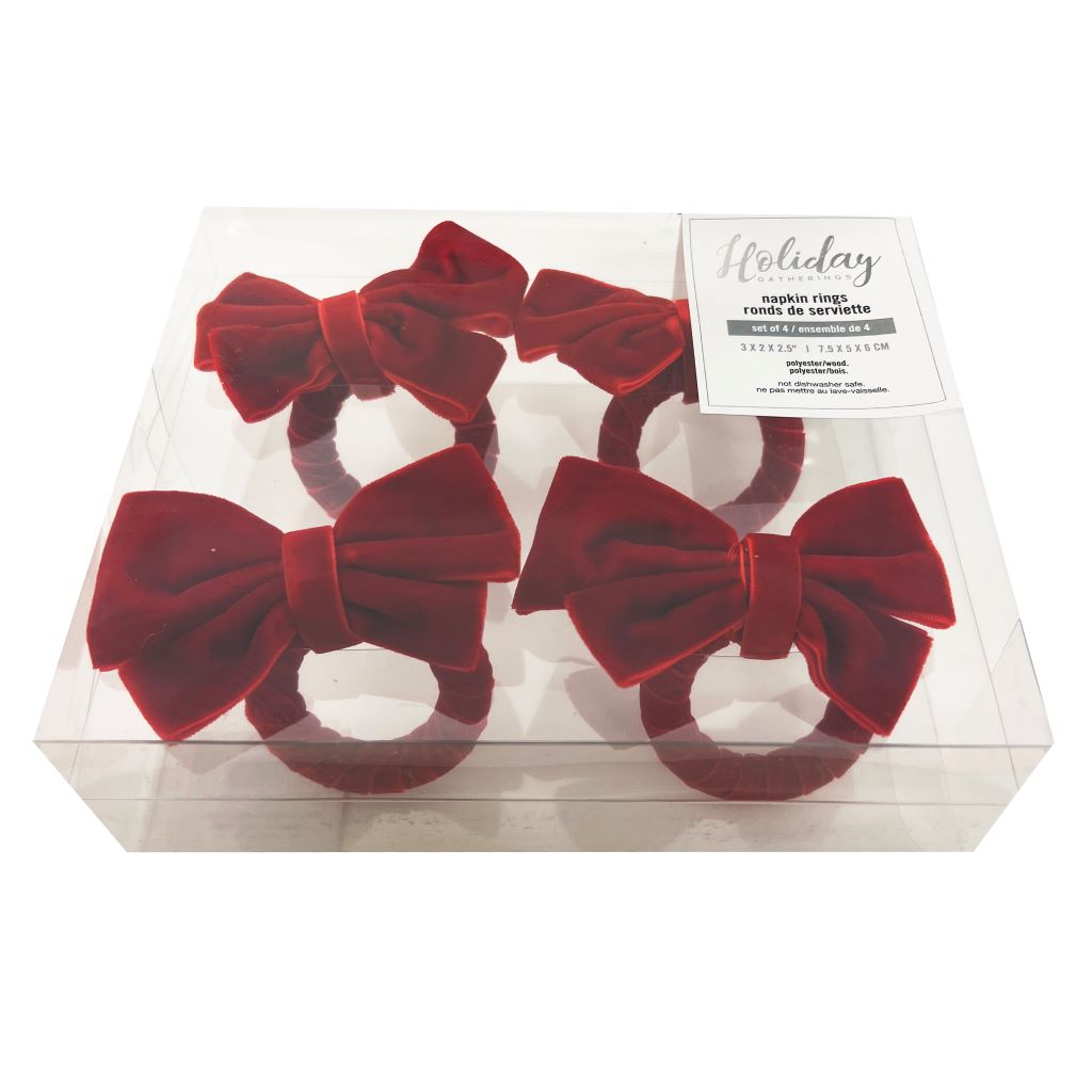 Velvet Bow Napkin Ring Set of 4 Red