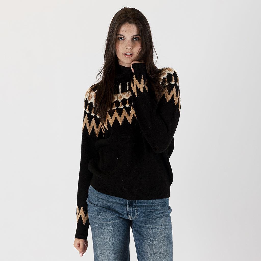 Introducing the Fairisle Mock Neck Sweater in a Multi/Black pattern – a cozy and classic addition to your Fall and Winter wardrobe. 