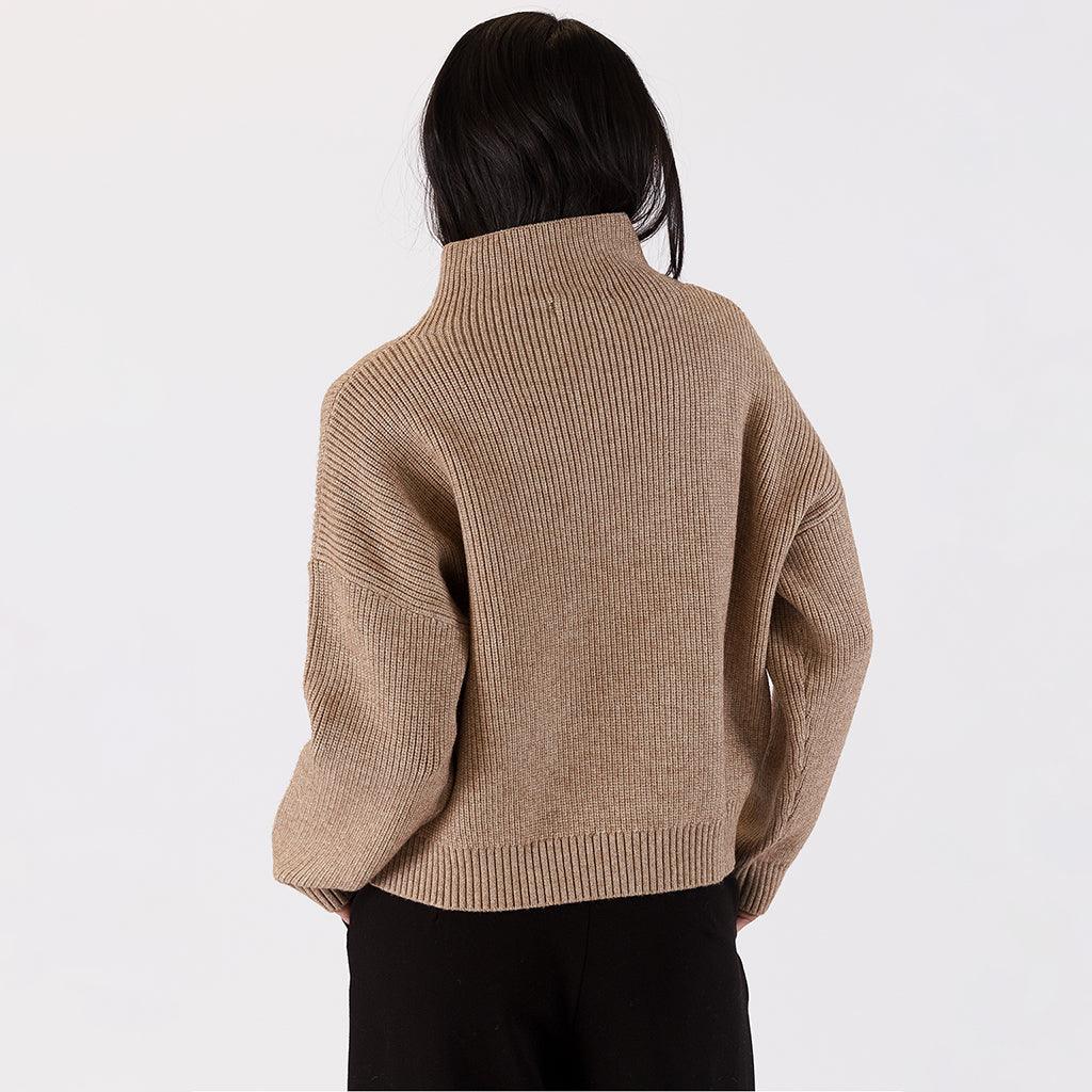 Mock Neck Striped Sweater Camel