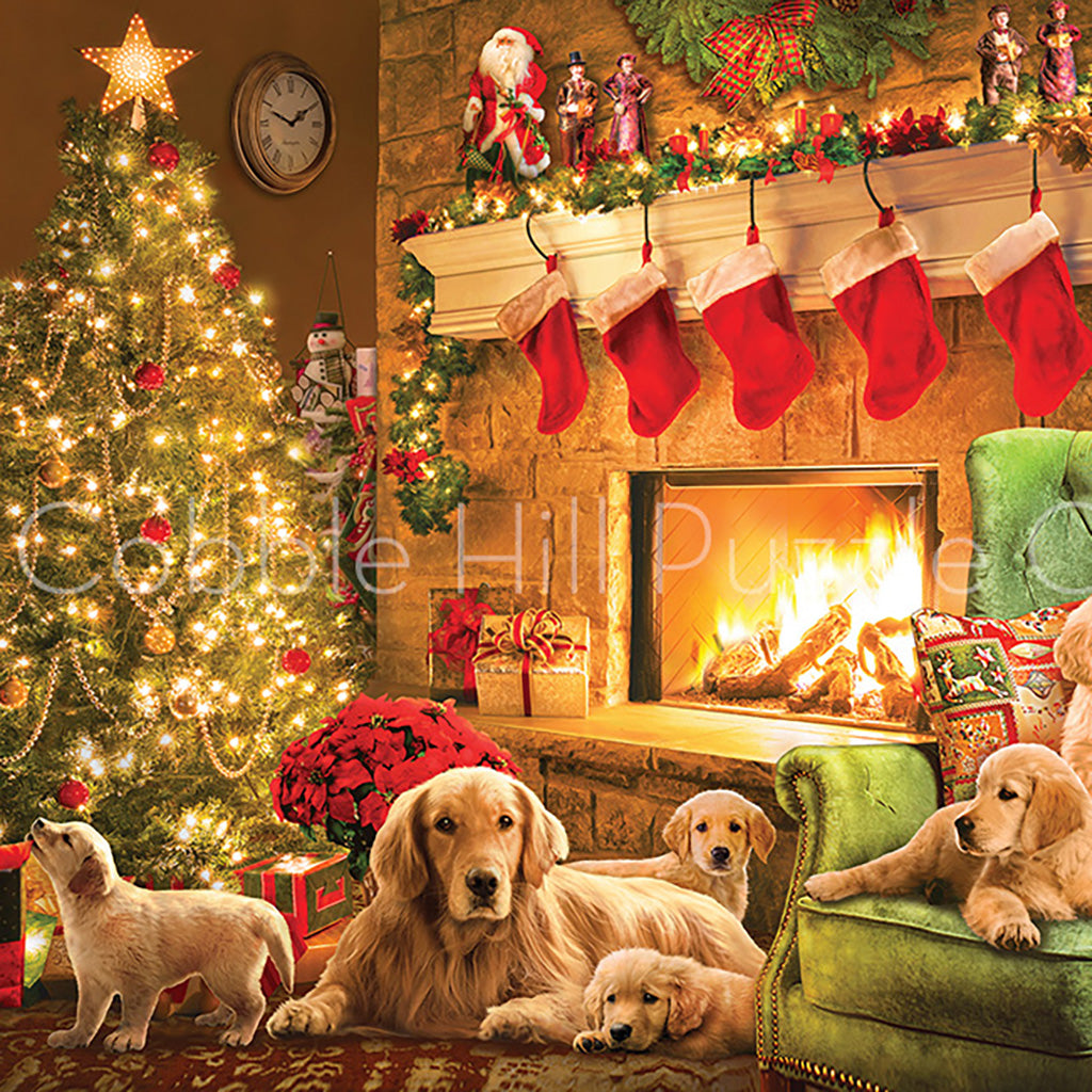 Bring the joy of the holiday season into your home with this 1000 piece puzzle featuring a cozy fireplace surrounded by adorably pups. They&#39;re waiting for Christmas day with the whole family!