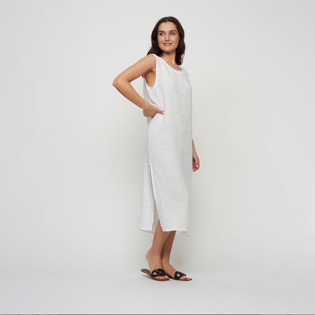 Maxi Linen Dress with Split White