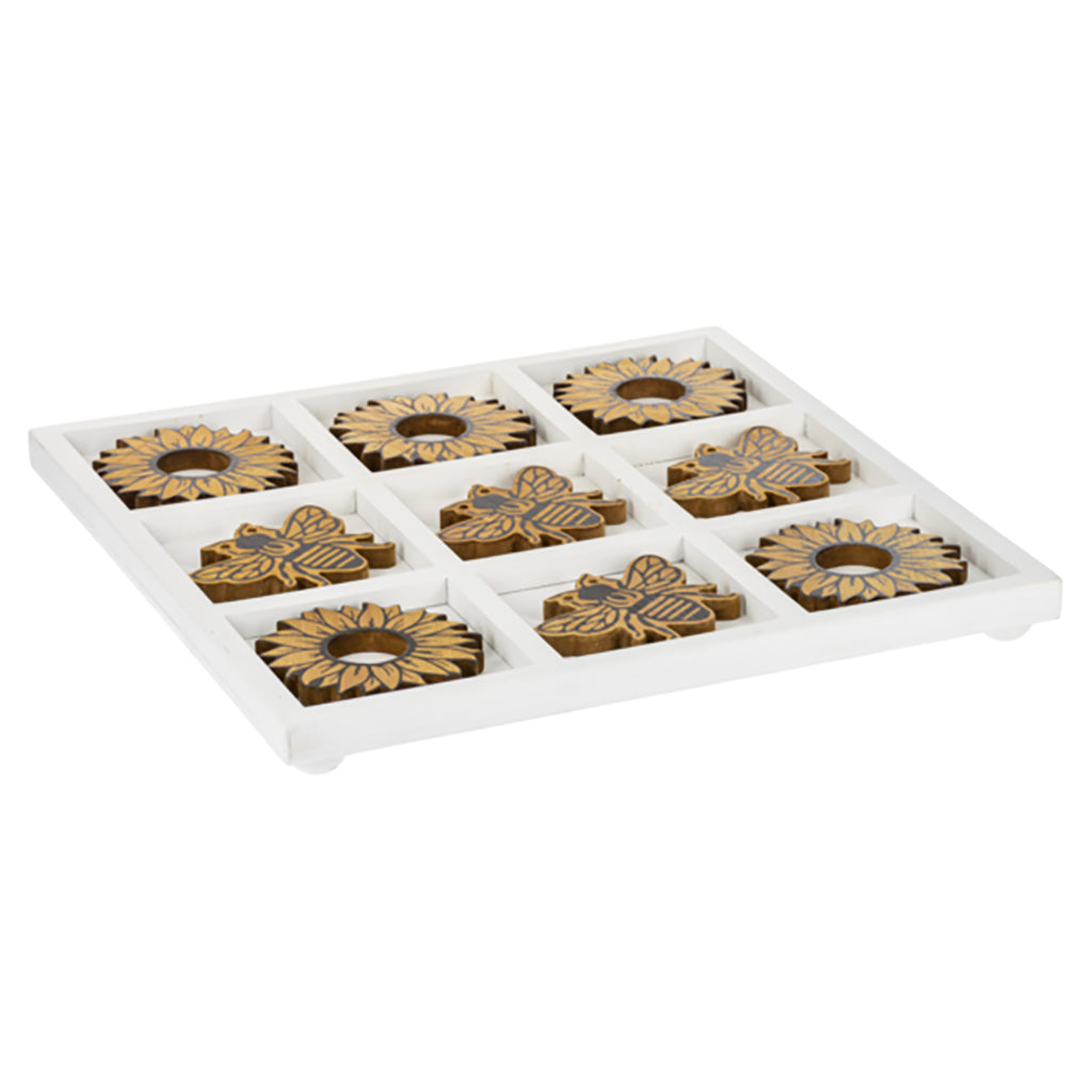 This Bee &amp; Sunflower Tic-Tac-Toe board adds a playful touch to any room. Measuring 13.75"W x 13.75"D x 1.24"H, it features a charming bee and sunflower design. Perfect for family game night or as a decorative piece, it's both fun and functional.