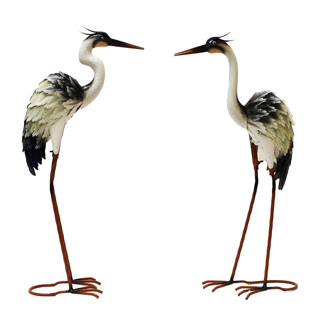 Add a touch of exotic flair to your garden with these black-accented white metal Egret figures. Available in two styles, each measuring 12.5x6x22.5".