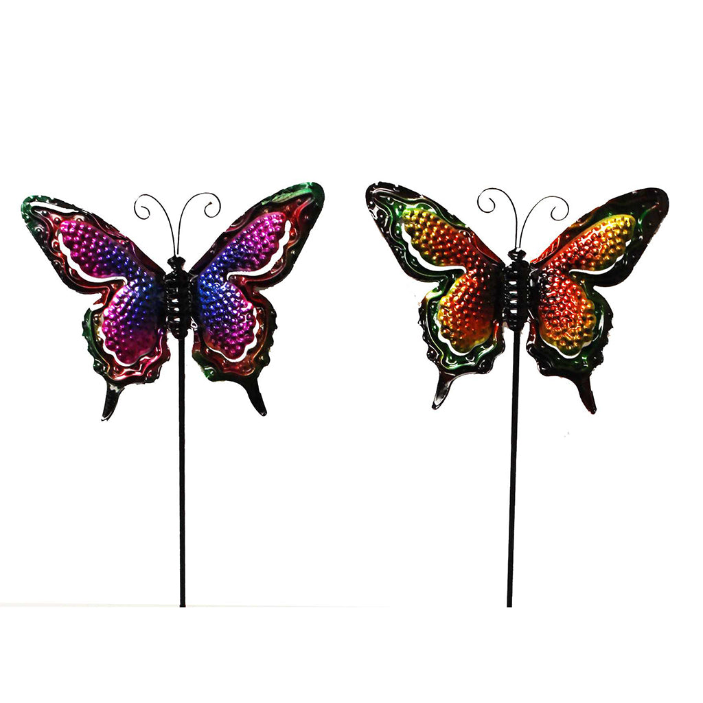 Add a vibrant touch to your garden or pathway with these Metal Butterfly Stakes. Choose from two different colors, each sold separately. Dimensions measure at 6x1x21.5 inches.