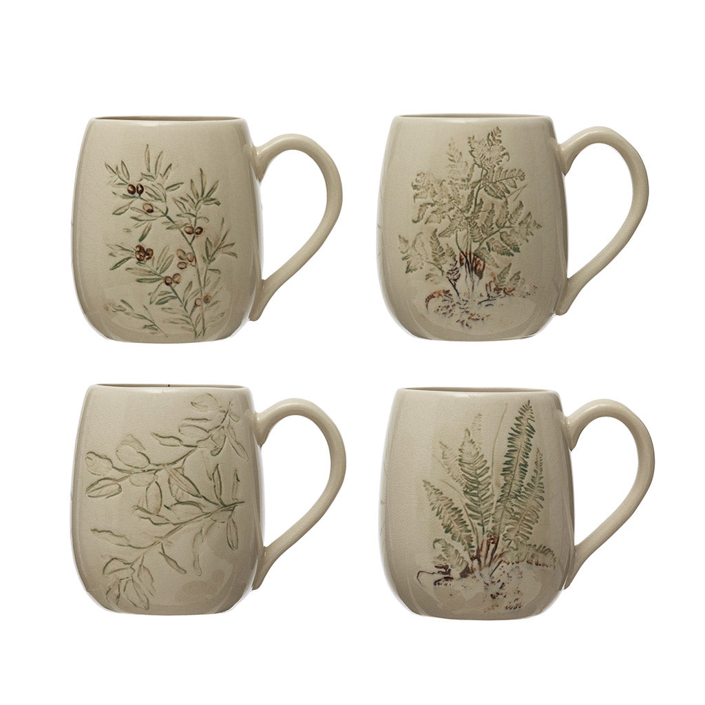 Add some character to your morning coffee routine with these charming 100% stoneware 16oz mugs. Made with reactive crackle glaze and a beautiful botanical pattern, they&#39;ll add a touch of whimsy to your kitchen. 