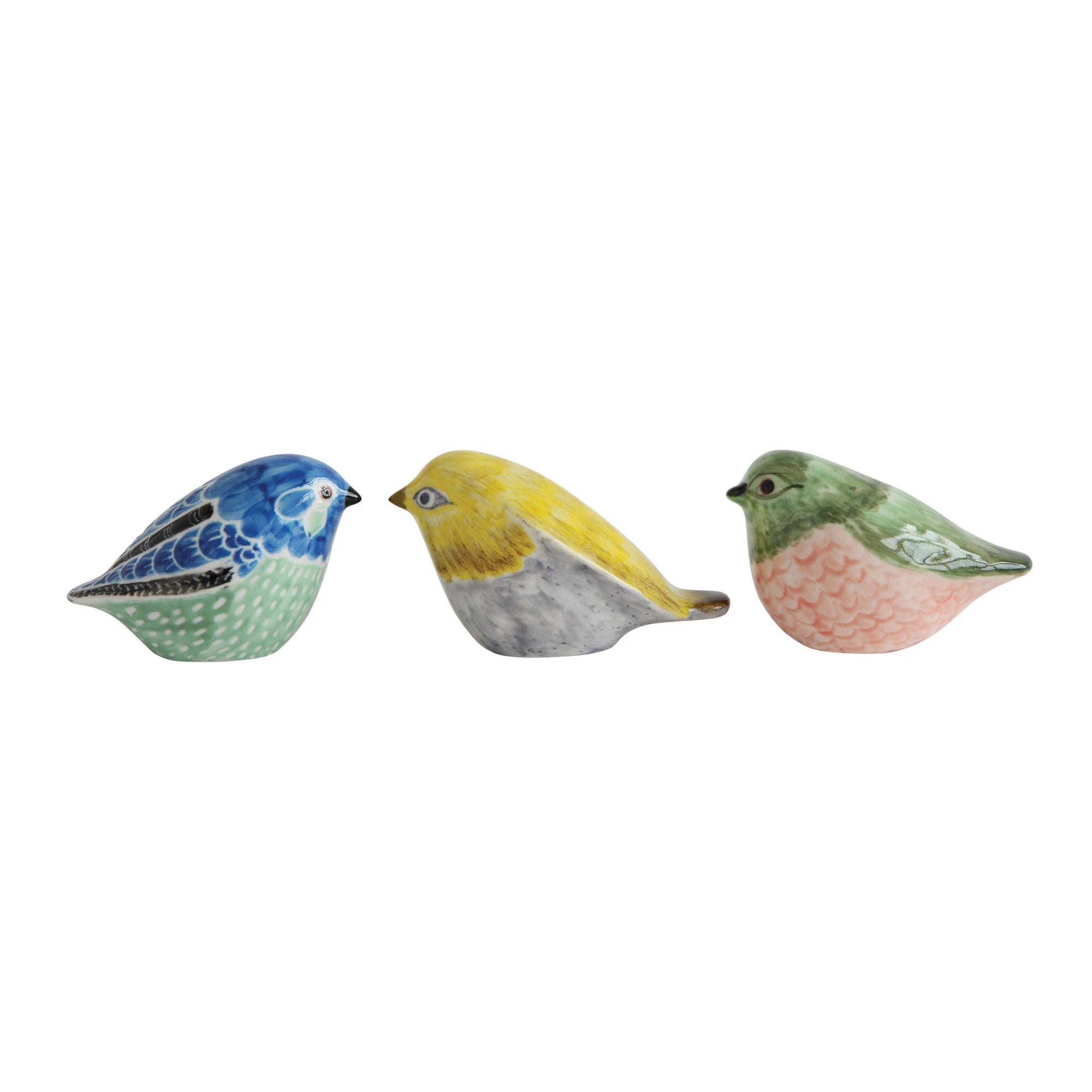 Playful and charming, these beautifully hand-painted stoneware birds add character to any space. Choose from three vibrant colors that will surely brighten up any room. Each measures 3.25"L x 2.5"H.