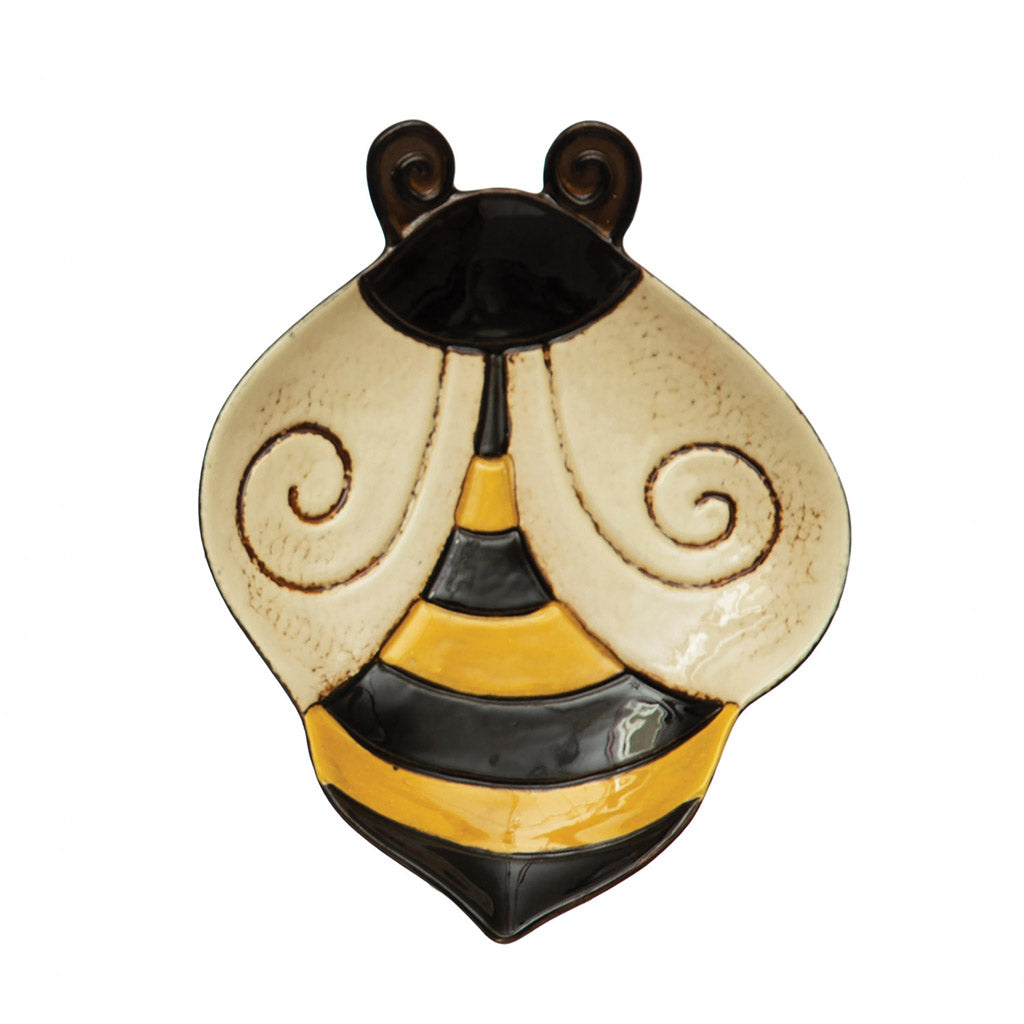 Hand-painted with intricate details, this stoneware bee bowl adds a touch of whimsy to any table setting. Serve up your favorite dishes in style. Measures 6.5"L x 5"W x 2.25"H.