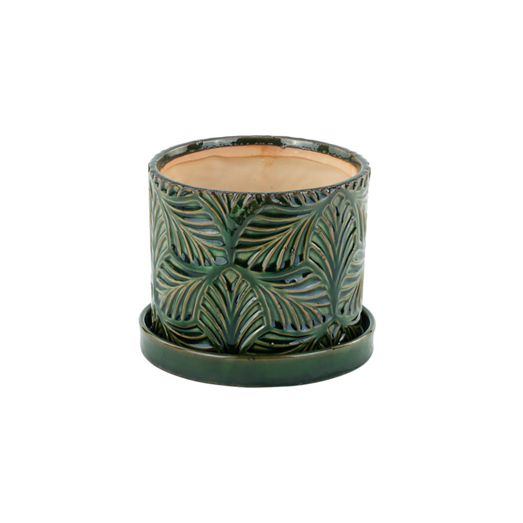 Upgrade your home décor with a touch of vibrant green. Perfectly sized for your indoor plants, these sleek glazed ceramic planters come with a convenient saucer to catch any water overflow. You can choose from two sizes to fit your needs and style.