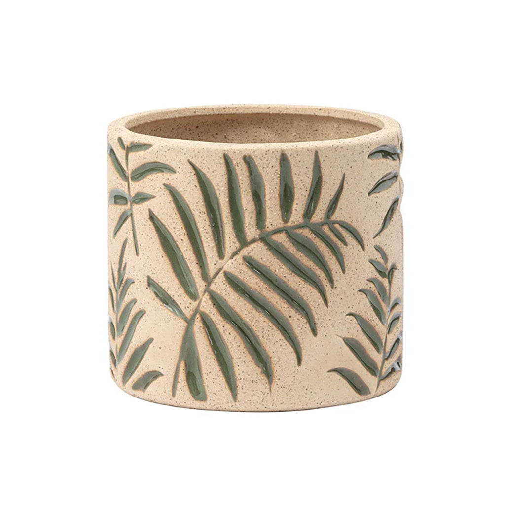 Brighten up your space with this whimsical planter, adorned with an intricate etched fern leaf design. Perfectly sized at 3.5"L x 3.5"W x 3.5"H, it's a charming addition to any room and a stylish way to showcase your favorite plants.