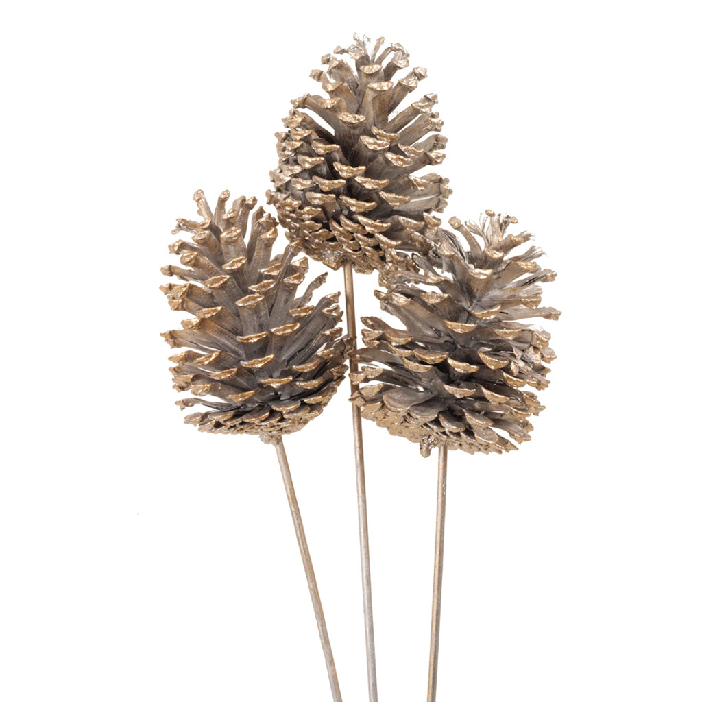 Pinecone Large On Stem 3 Pc Metallic Champagne